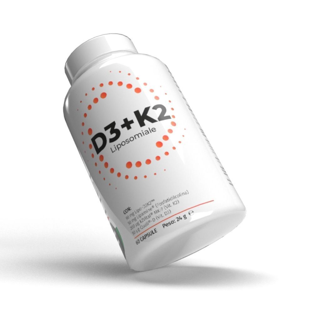 Flacone bianco inclinato con scritta D3+K2 Liposomiale e design a cerchio arancione.