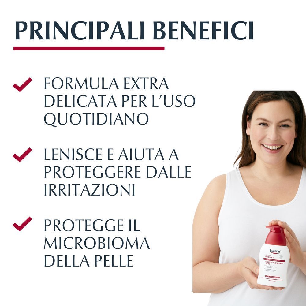 Donna che tiene un detergente intimo Eucerin Intim Protect. Benefici principali: formula delicata, protegge dalle irritazioni, protegge il microbioma.