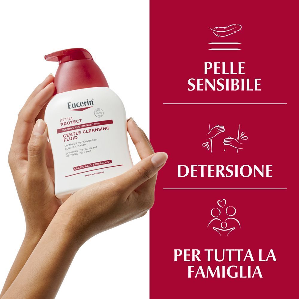 Mani che tengono un detergente intimo Eucerin Intim Protect. Per pelli sensibili, detersione, per tutta la famiglia.