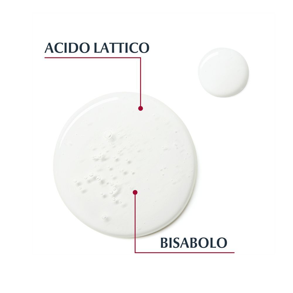 Gocce di detergente intimo Eucerin Intim Protect con acido lattico e bisabololo.