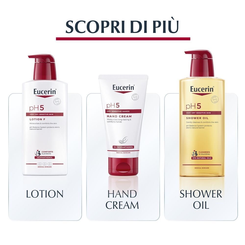 Eucerin pH5 Lozione F, crema mani e olio doccia.