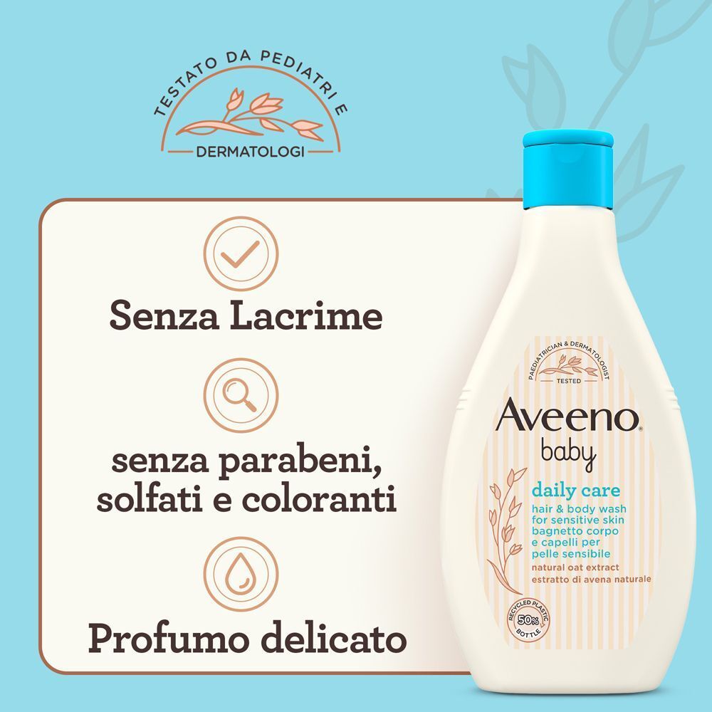 Flacone Aveeno Baby, testato da pediatri, senza lacrime, parabeni, solfati.
