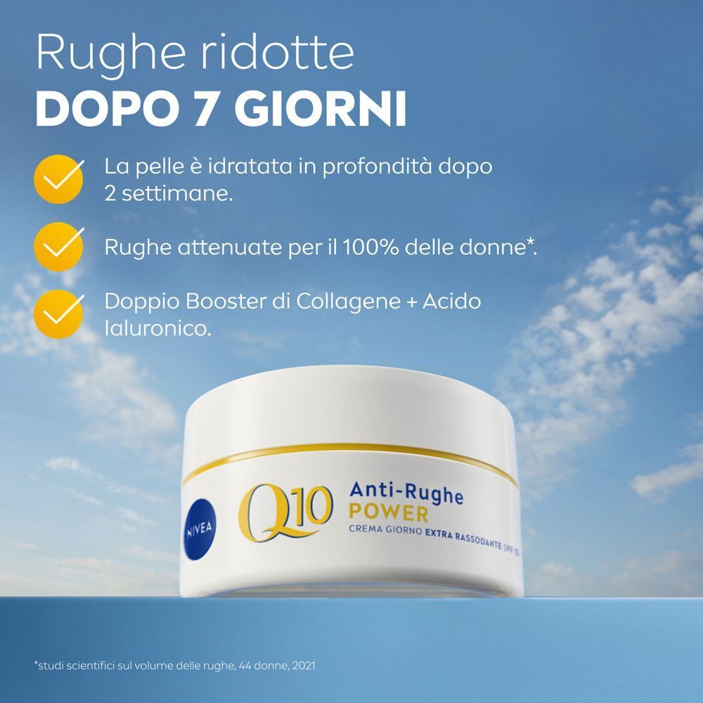 Vasetto Nivea Q10 Anti-Rughe Power Crema Giorno con testo su riduzione rughe e booster collagene.