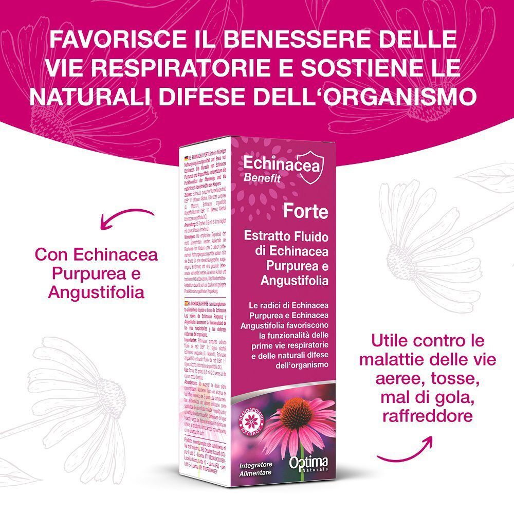 Scatola di Echinacea Estratto Forte, design viola e rosa con fiore di echinacea e testo sulla salute respiratoria.