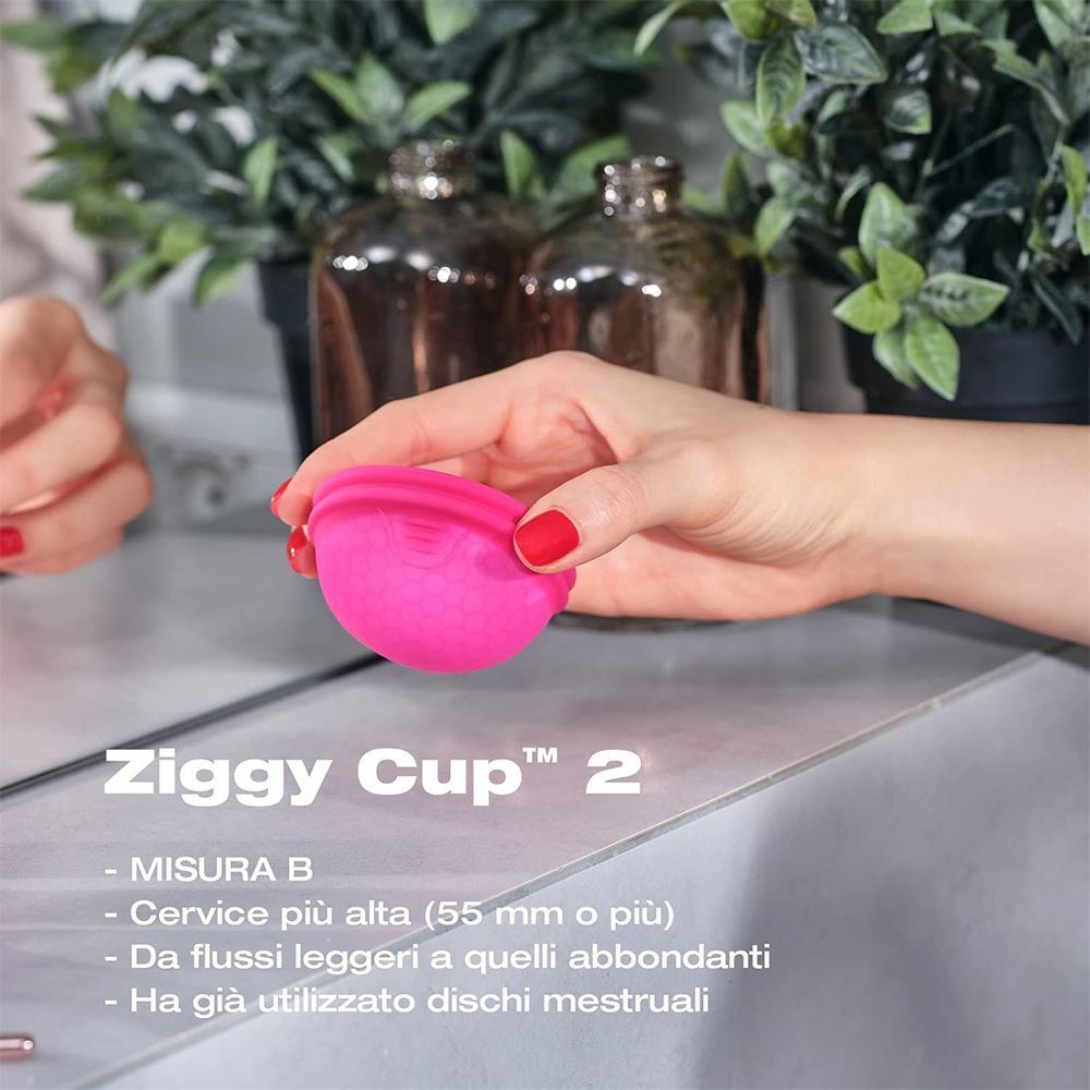 Mano che tiene una coppetta mestruale rosa. Testo: Ziggy Cup 2, Misura B.