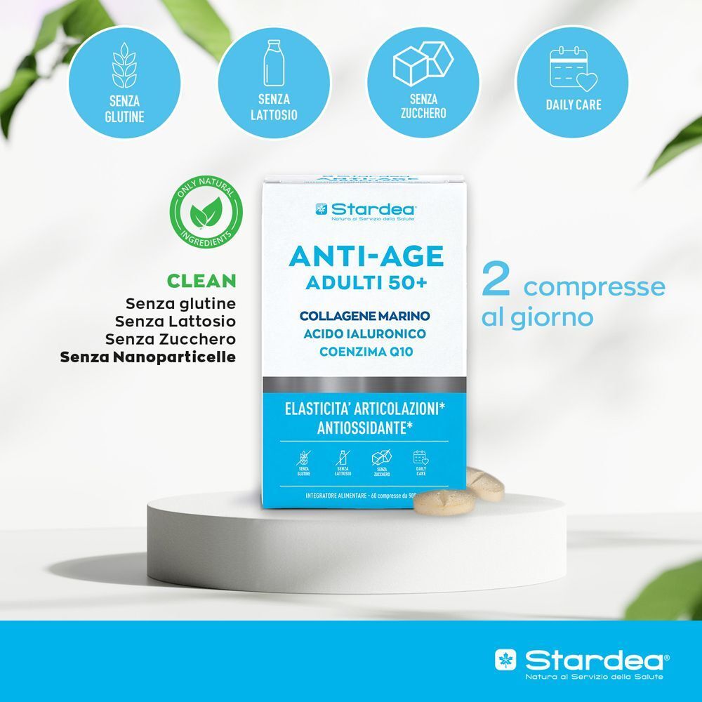 Confezione Stardea Anti-Age su piedistallo. Senza glutine, lattosio, zuccheri. 2 compresse al giorno.