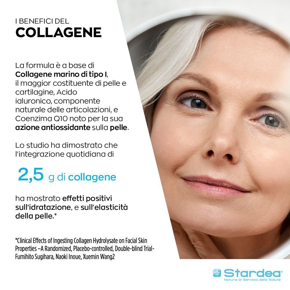 Primo piano di una donna. Testo sui benefici del collagene per pelle e articolazioni.
