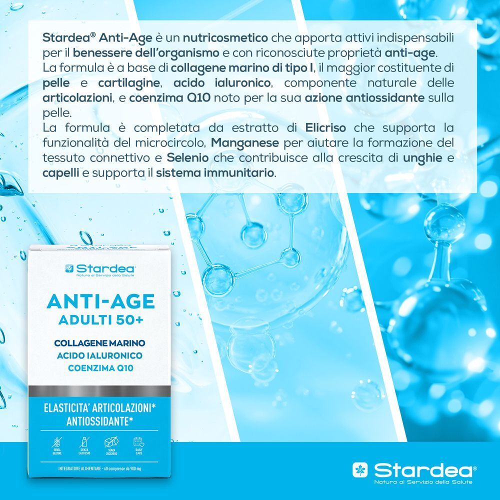 Confezione Stardea Anti-Age su sfondo blu con effetto gocce d'acqua.