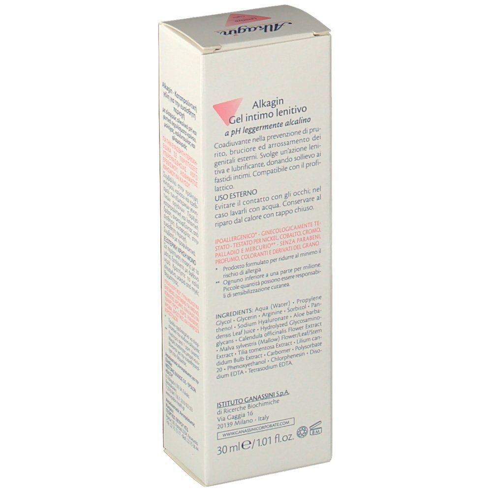 Vista laterale di una confezione di Alkagin Gel Intimo Lenitivo con ingredienti e indicazione 30 ml.