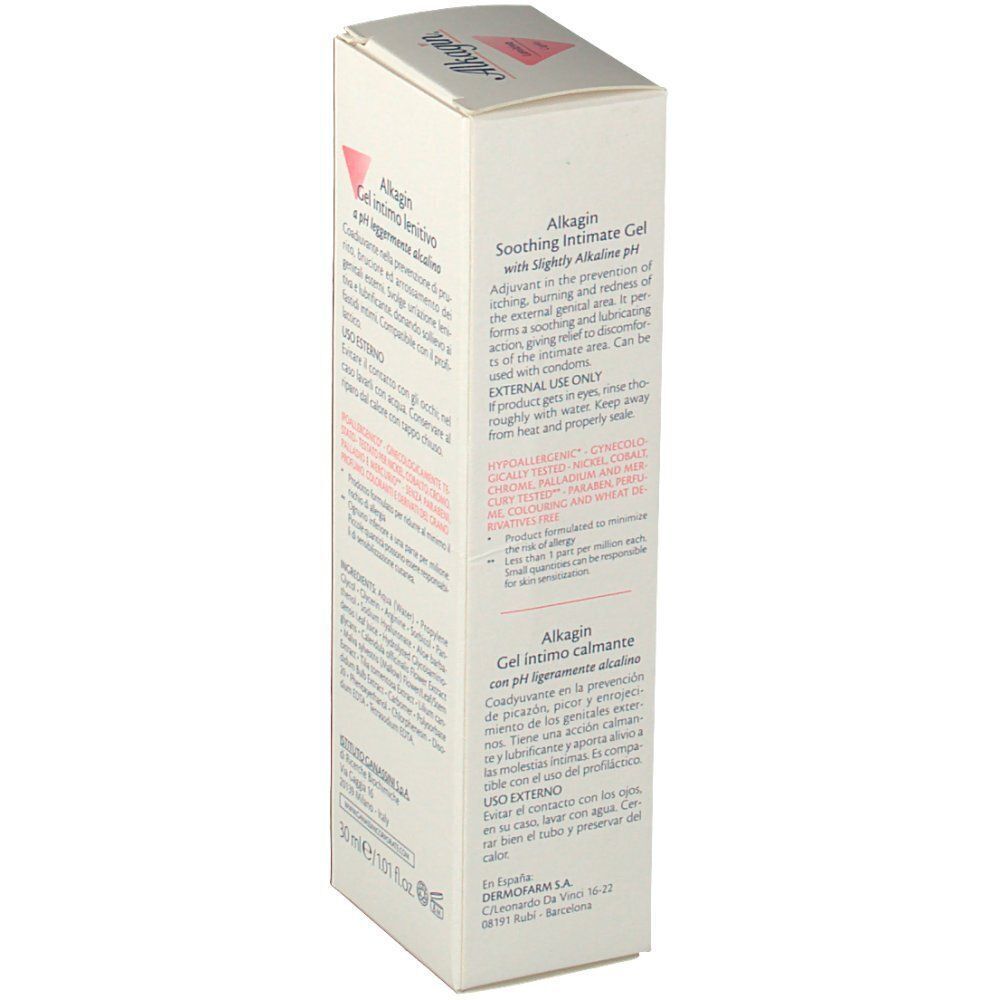 Vista laterale di una confezione di Alkagin Gel Intimo Lenitivo con informazioni prodotto in spagnolo e inglese.