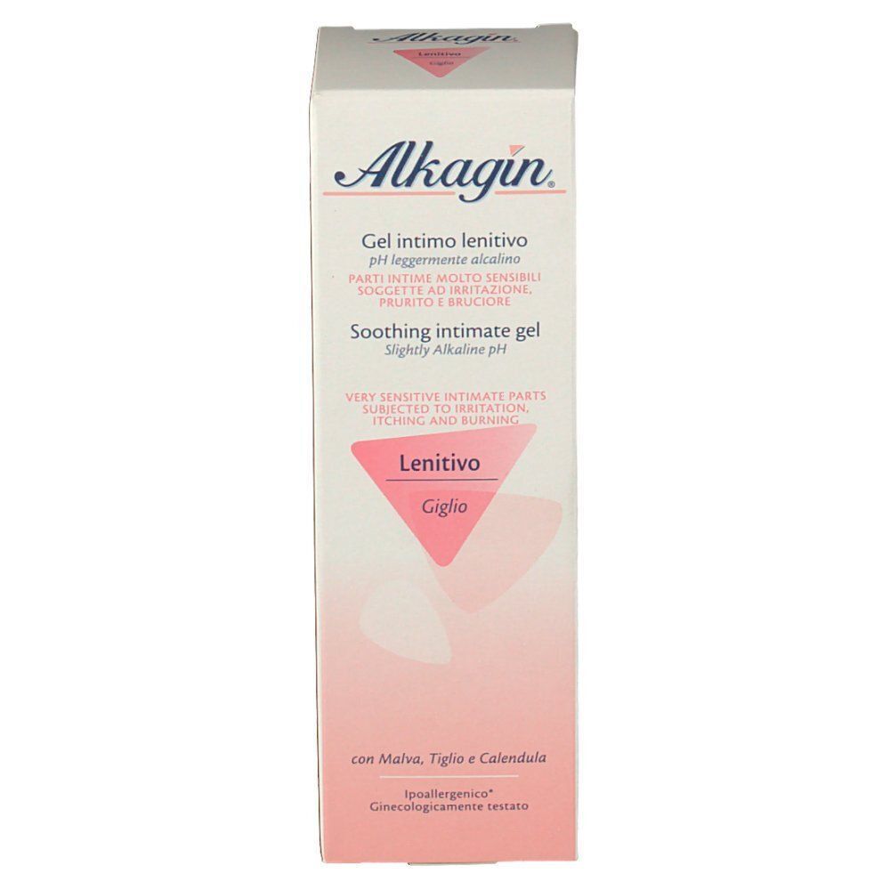Fronte di una confezione di Alkagin Gel Intimo Lenitivo, gel intimo lenitivo con Malva, Tiglio e Calendula.
