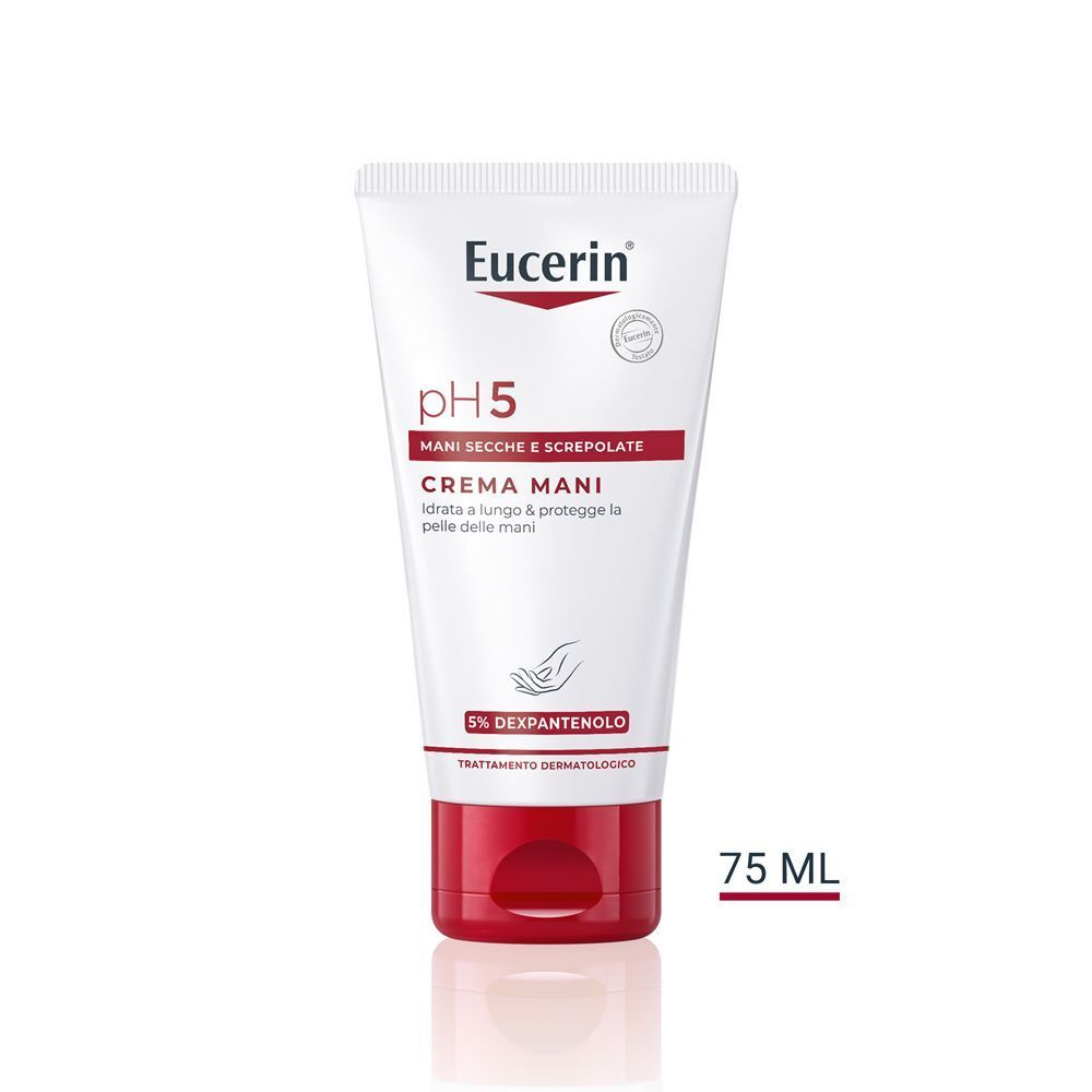 Tubetto di crema mani Eucerin pH5 con tappo rosso, con indicazione '75 ML'.