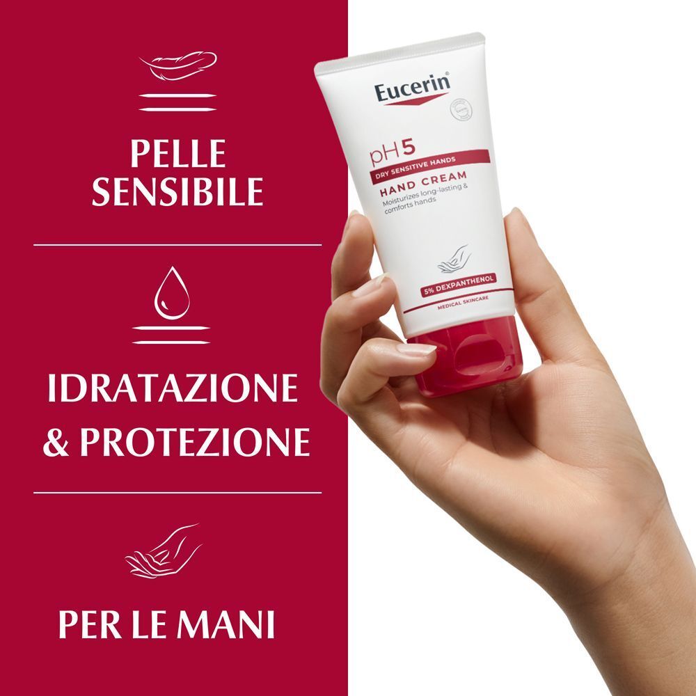 Mano tiene un tubetto di Eucerin pH5 Crema Mani. Icone mostrano pelle, goccia e mani.