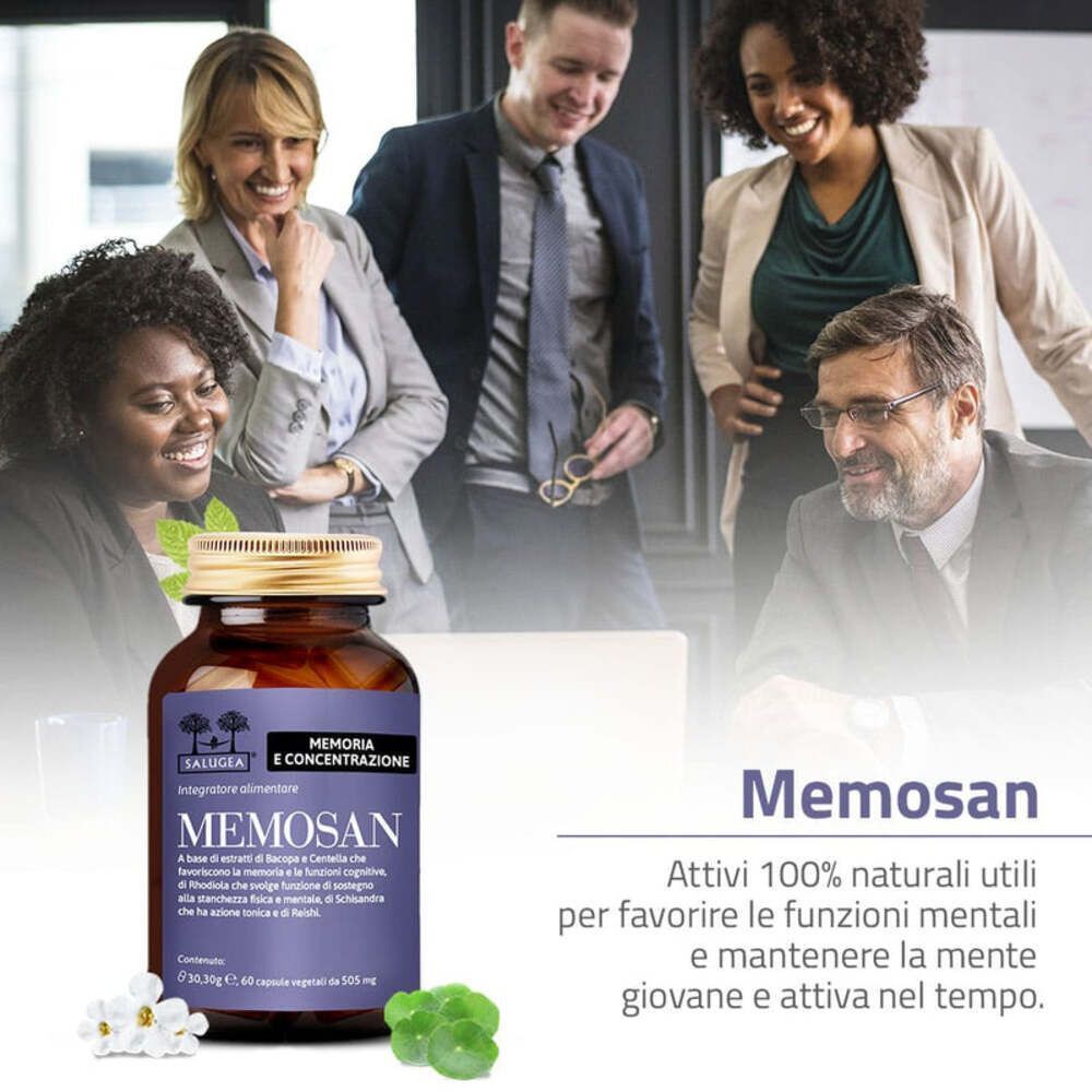 Un flacone di Memosan Salugea davanti a un gruppo di professionisti sorridenti, che evidenzia ingredienti naturali per le funzioni mentali.