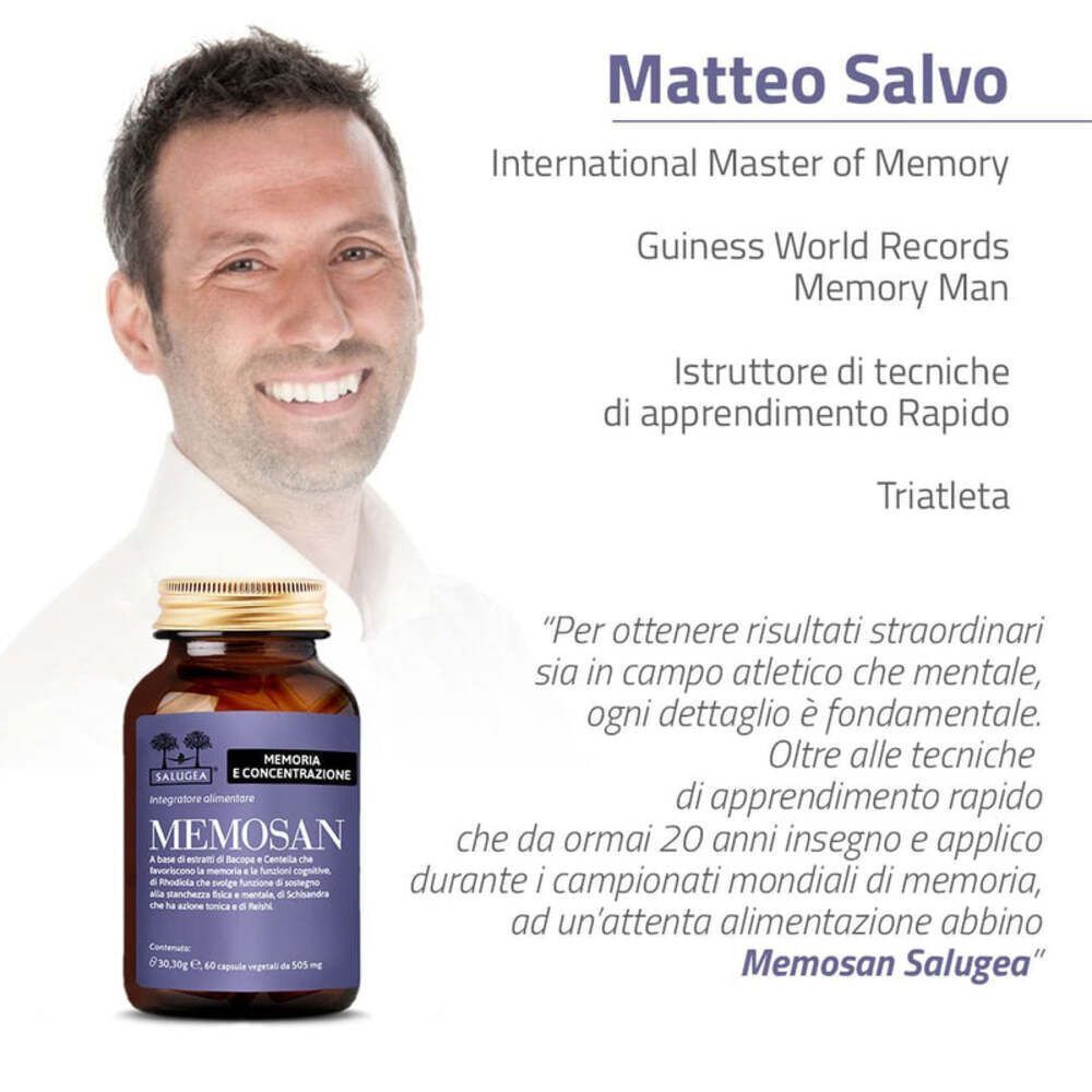 Ritratto di Matteo Salvo, 'International Master of Memory', con un flacone di Memosan Salugea e una citazione.