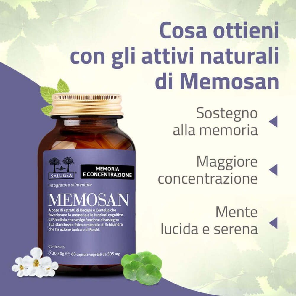 Flacone Memosan Salugea con erbe e fiori. Supporta memoria e concentrazione.