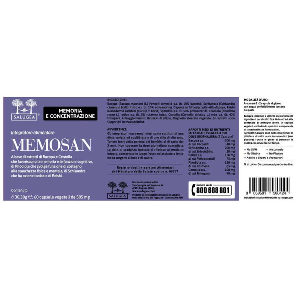 Retro confezione Memosan Salugea con elenco ingredienti, informazioni nutrizionali e contatti.