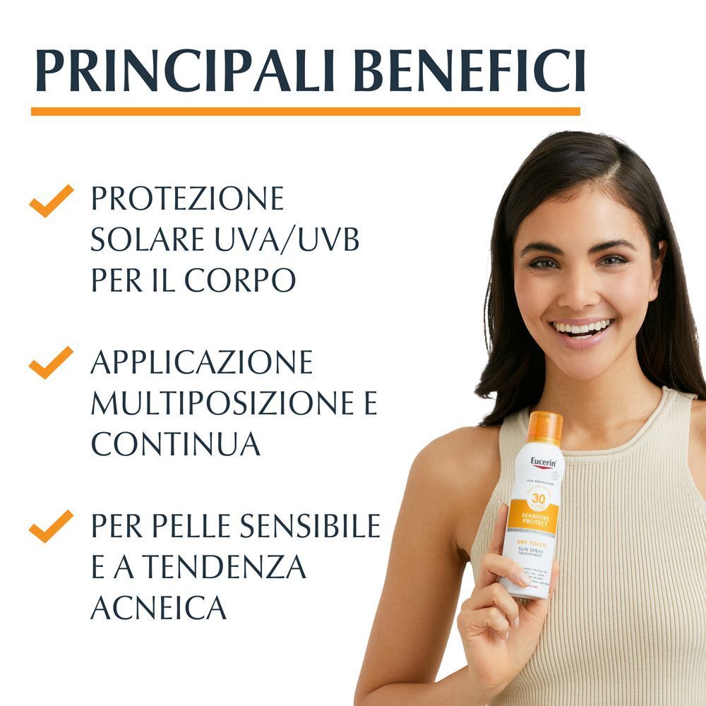 Donna con Eucerin Sun Spray SPF 30. Benefici: protezione UV, applicazione facile, per pelli sensibili.