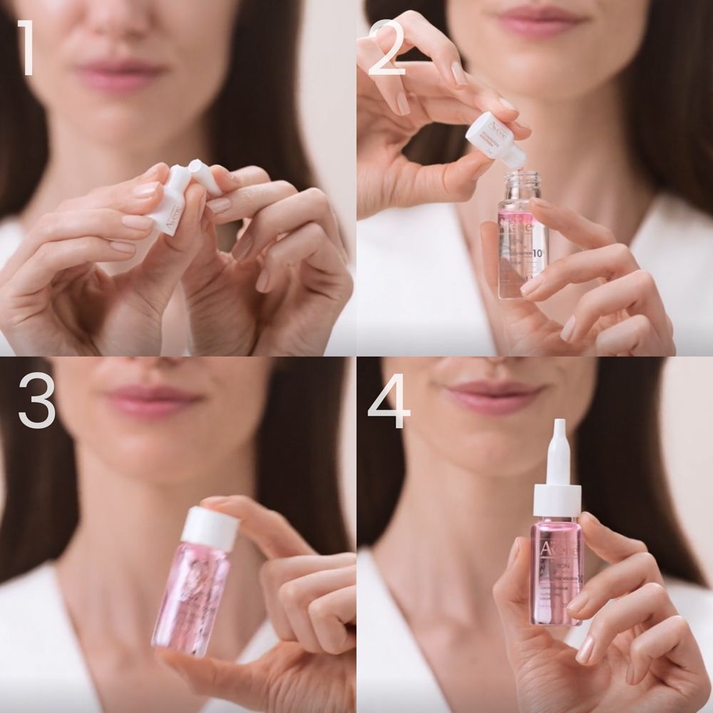Quattro passaggi per applicare il siero Avène Hyaluron Activ Procedure, con mani e flaconcino.