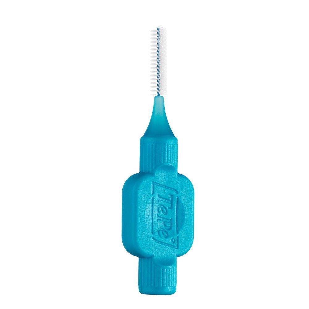 Uno spazzolino interdentale TePe blu con setole e manico. Logo TePe sul manico.