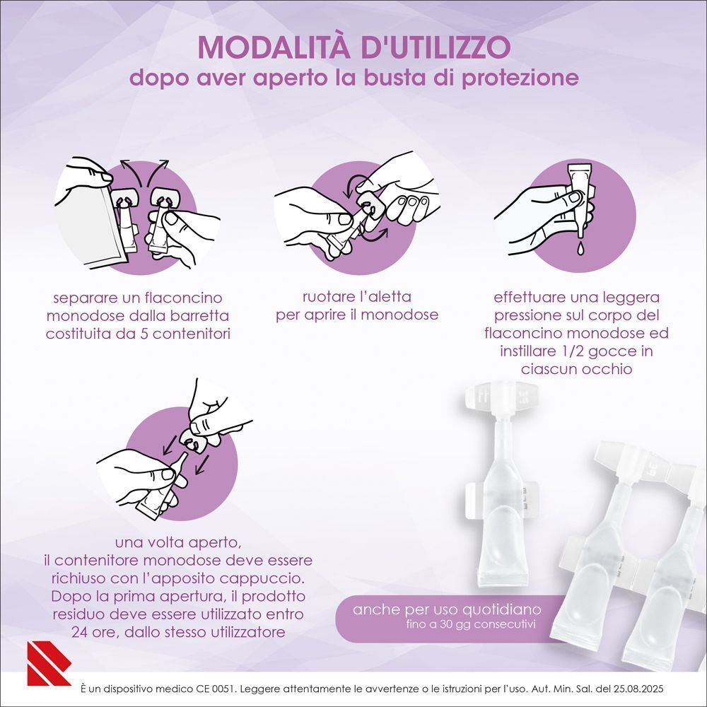 Utilizzo Eumill Allergy: separare, aprire, dosare i flaconcini monodose.