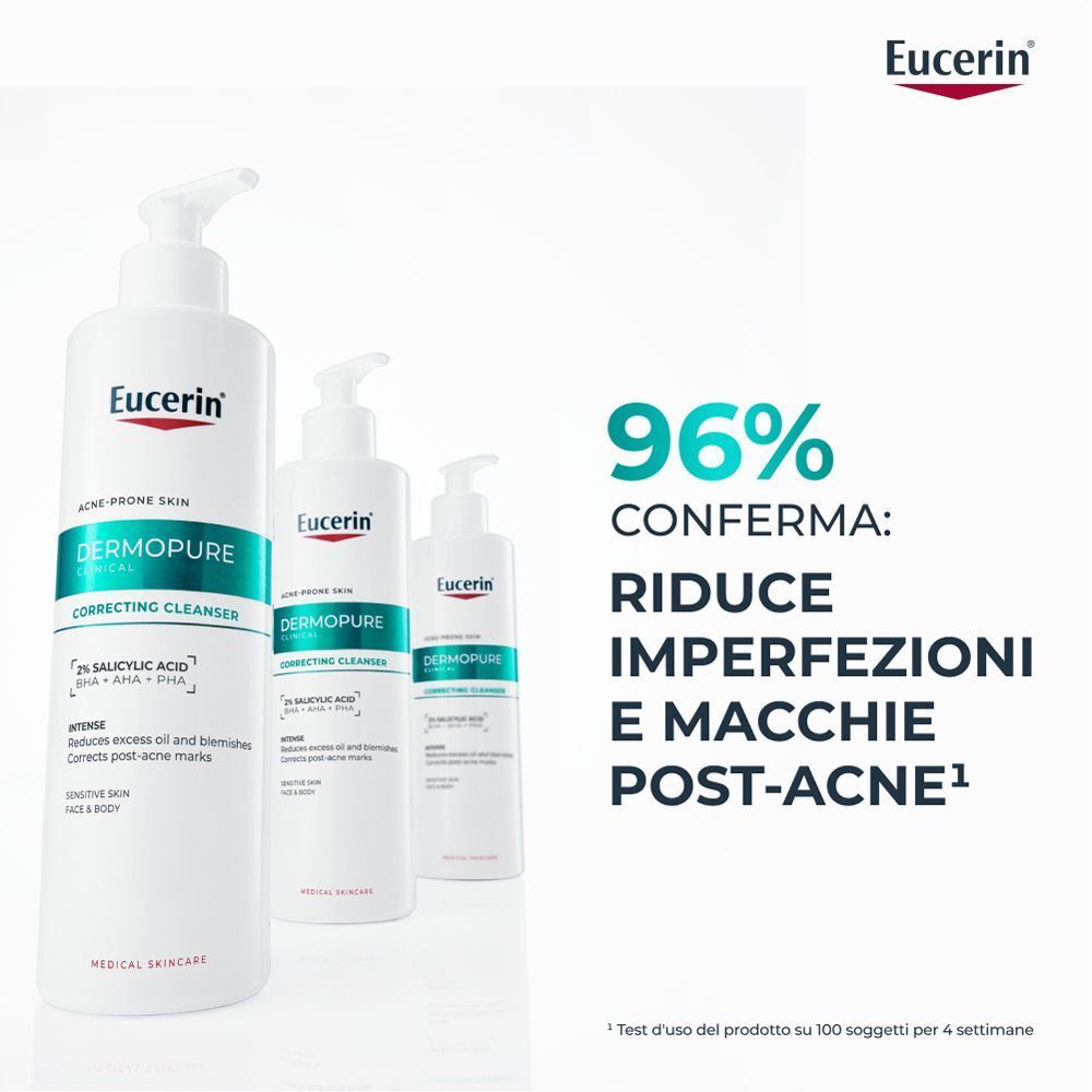 Tre flaconi Eucerin Dermopure, uno grande davanti, due più piccoli dietro. Testo: 96% Conferma: Riduce imperfezioni e macchie post-acne.