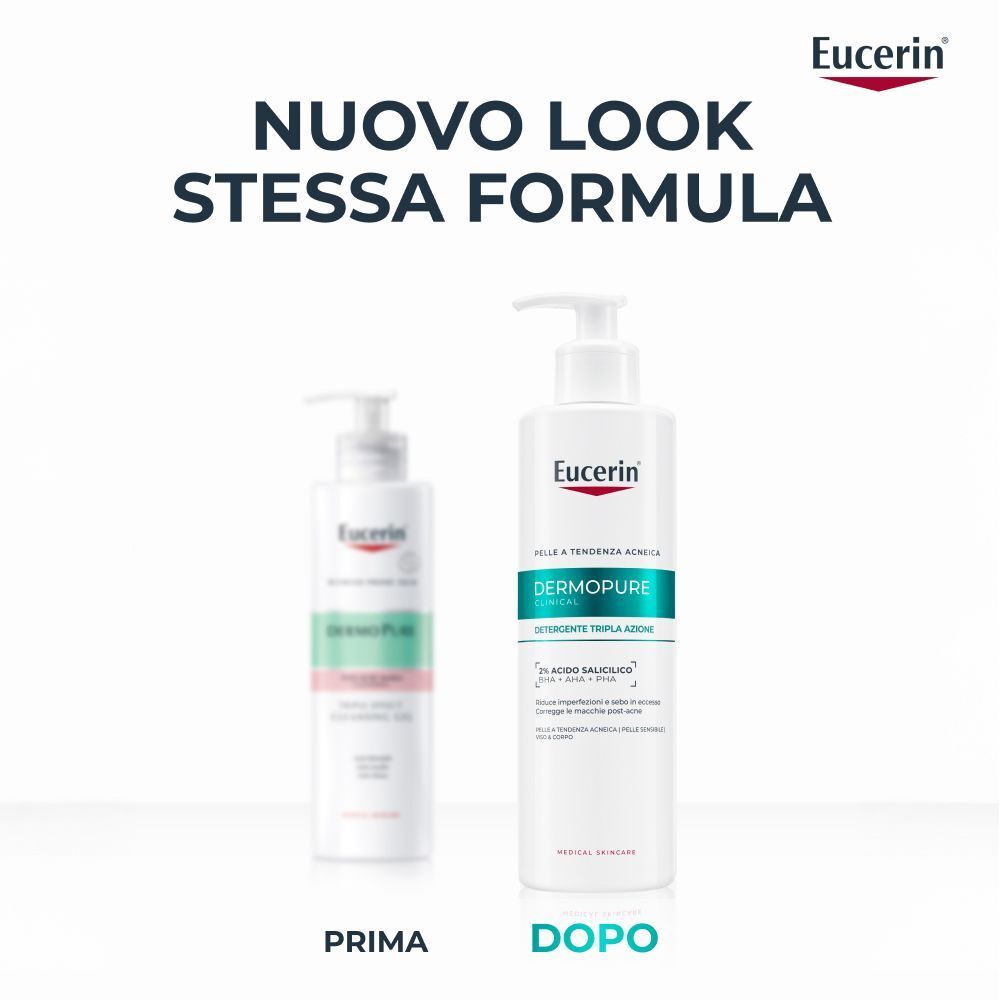 Confronto tra due detergenti Eucerin Dermopure: a sinistra la vecchia confezione, a destra la nuova. Testo: Nuovo look, stessa formula.
