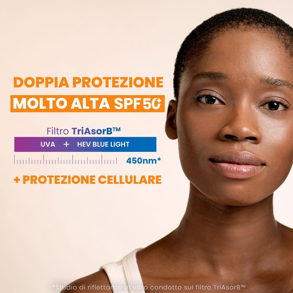 Volto di una donna accanto al testo sulla doppia protezione e protezione cellulare. Filtro TriAsorB™ mostrato.