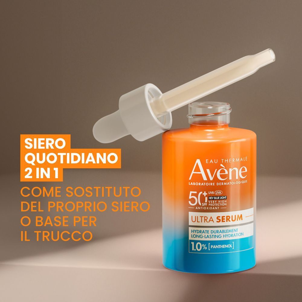 Flacone Eau Thermale Avène Ultra Siero SPF50+ con contagocce, testo sull'uso quotidiano.