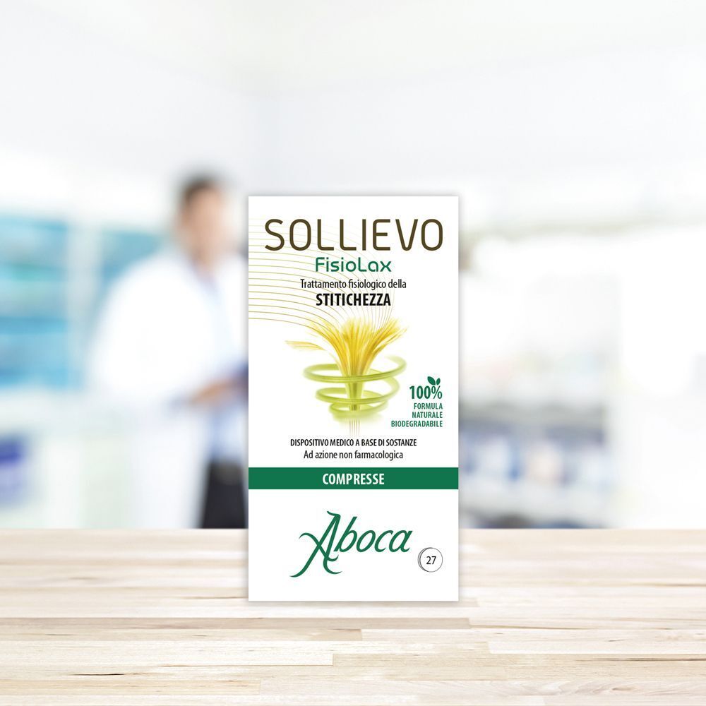 Confezione di Sollievo Fisiolax, 27 compresse. Fronte con informazioni prodotto e logo Aboca.
