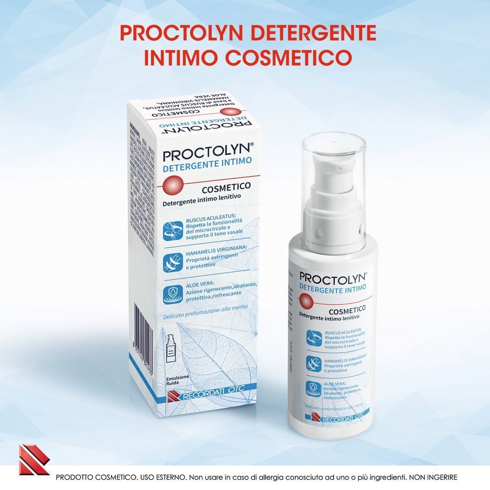 Confezione e flacone di Proctolyn Detergente Intimo con pompa, entrambi con informazioni sul prodotto e motivi botanici.