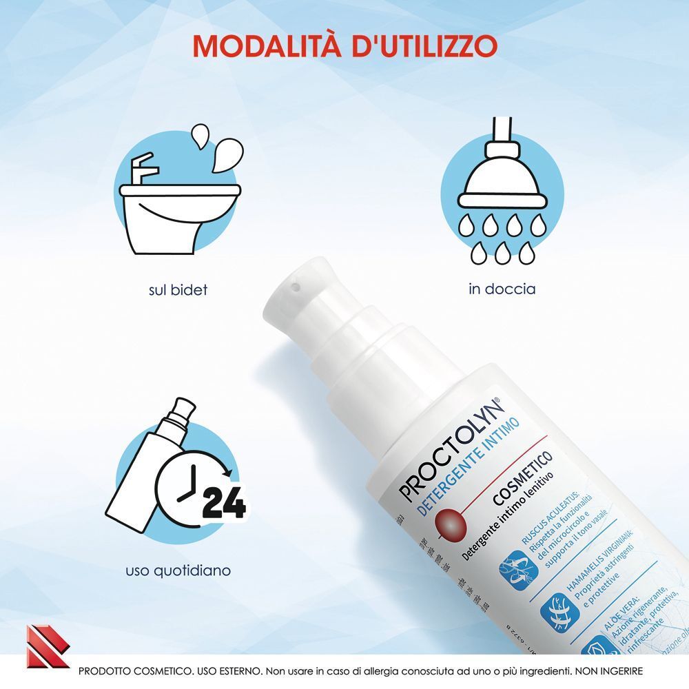 Flacone di Proctolyn Detergente Intimo con icone che mostrano le modalità d'uso: bidet, doccia, uso quotidiano.