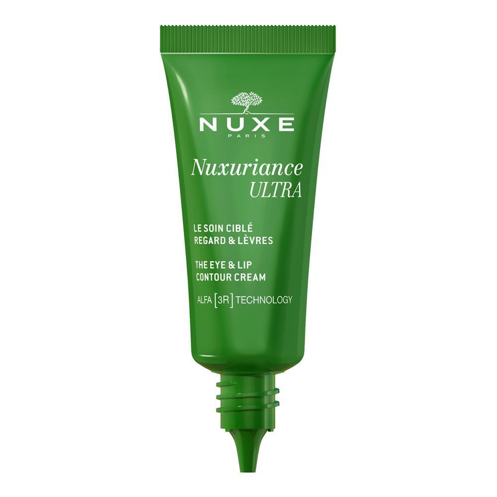 Tubetto verde di crema contorno occhi e labbra Nuxe Nuxuriance Ultra con applicatore apribile.