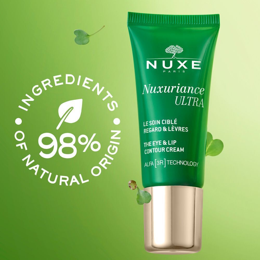 Tubetto verde Nuxe Nuxuriance Ultra crema contorno occhi e labbra con tappo dorato, 98% di ingredienti di origine naturale.