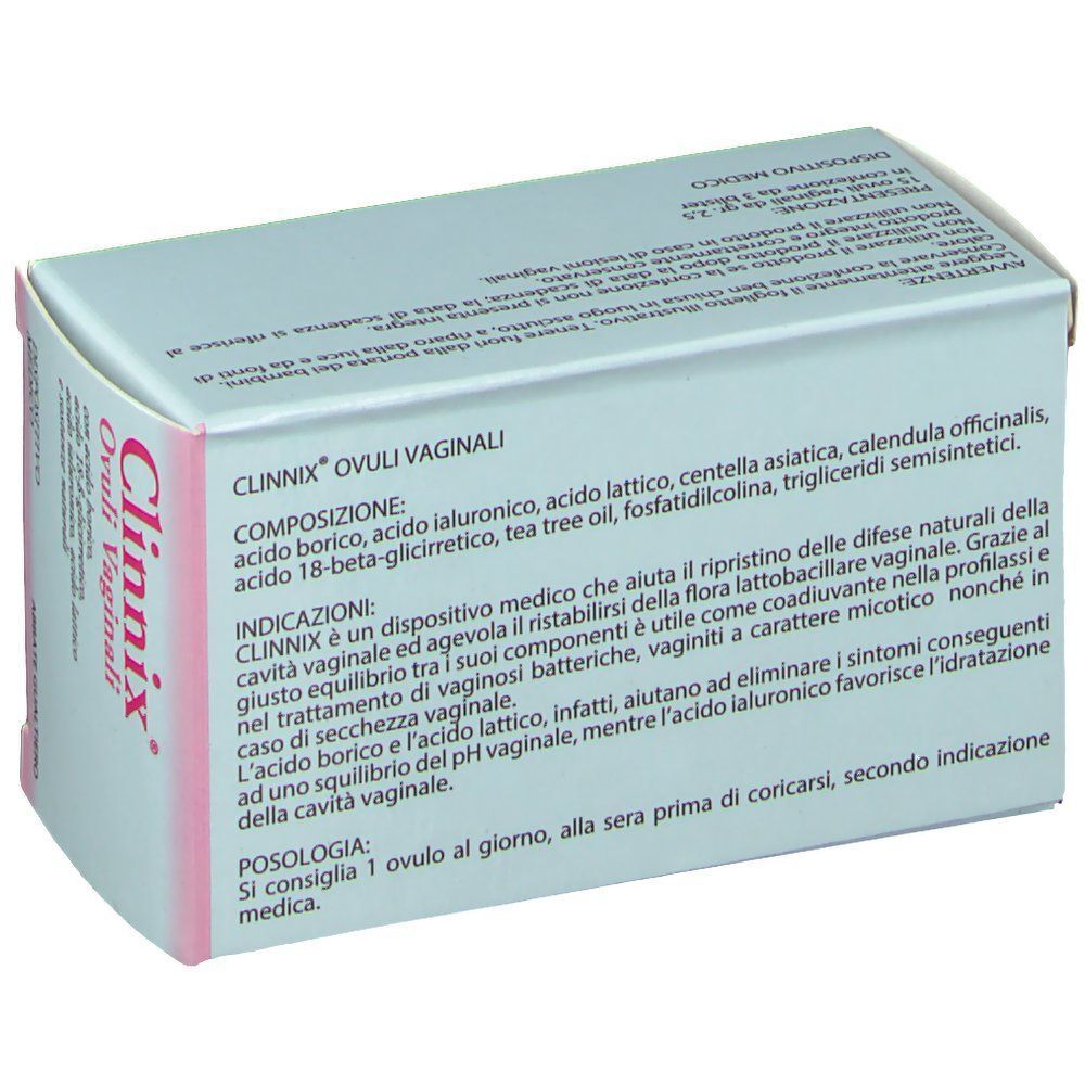 Retro di una confezione di Clinnix Ovuli Vaginali con composizione e indicazioni. Dispositivo medico.
