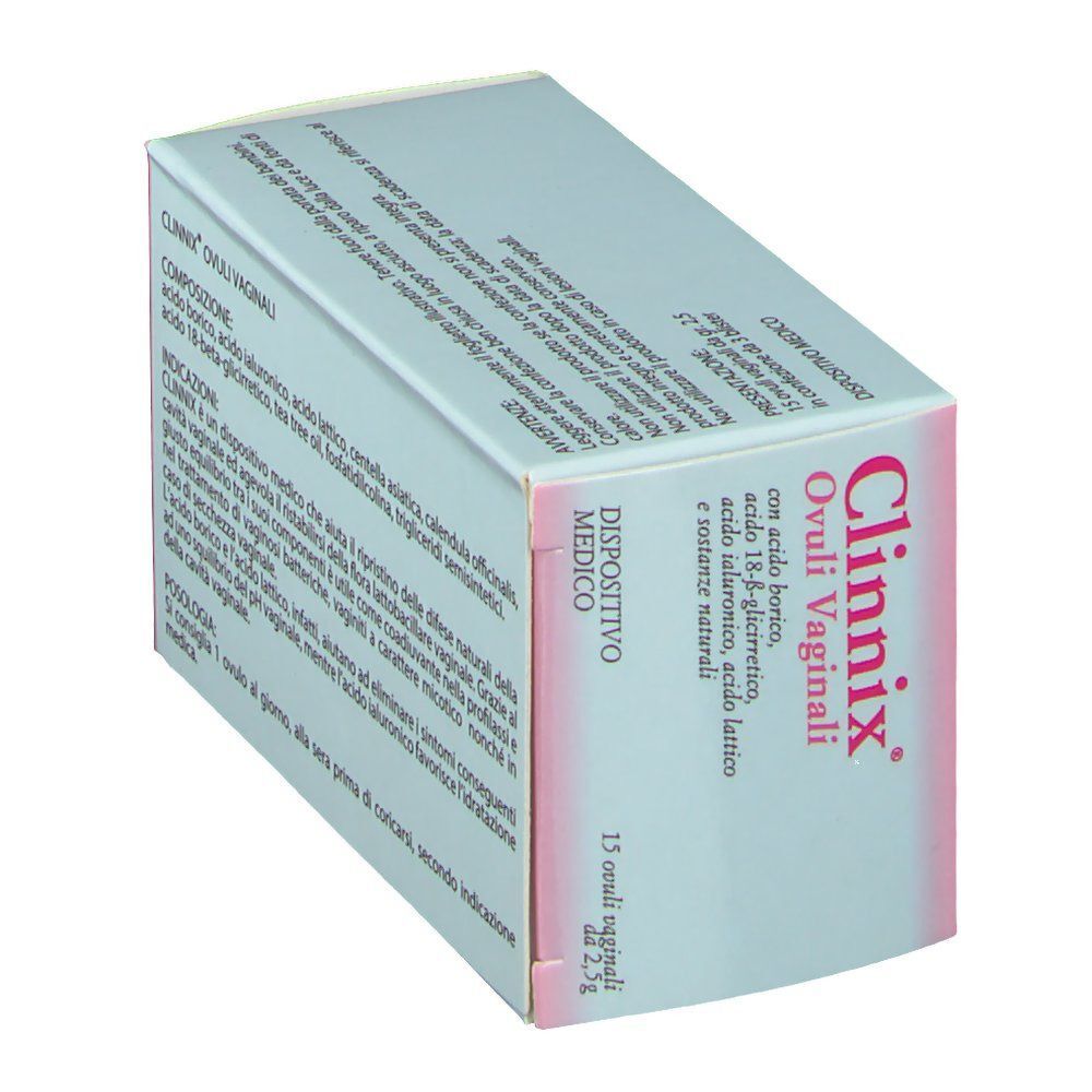Una confezione di Clinnix Ovuli Vaginali, 15 ovuli vaginali da 2,5g. Dispositivo medico.