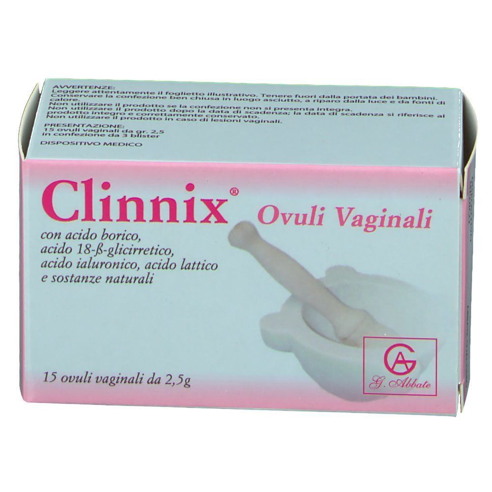 Confezione di Clinnix Ovuli Vaginali, 15 ovuli vaginali da 2,5g. Include simbolo mortaio e pestello.