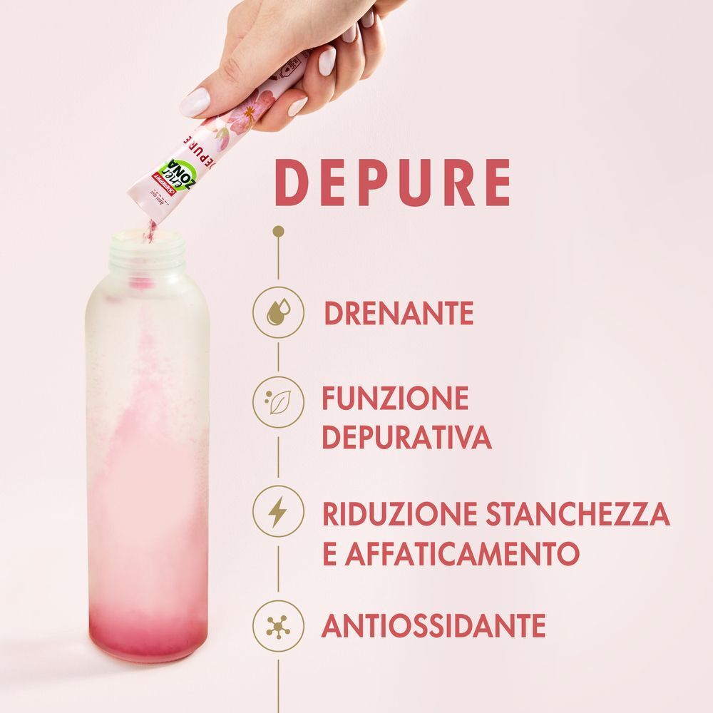 Polvere da una bustina EnerZona Care Depure versata in una bottiglia d'acqua.