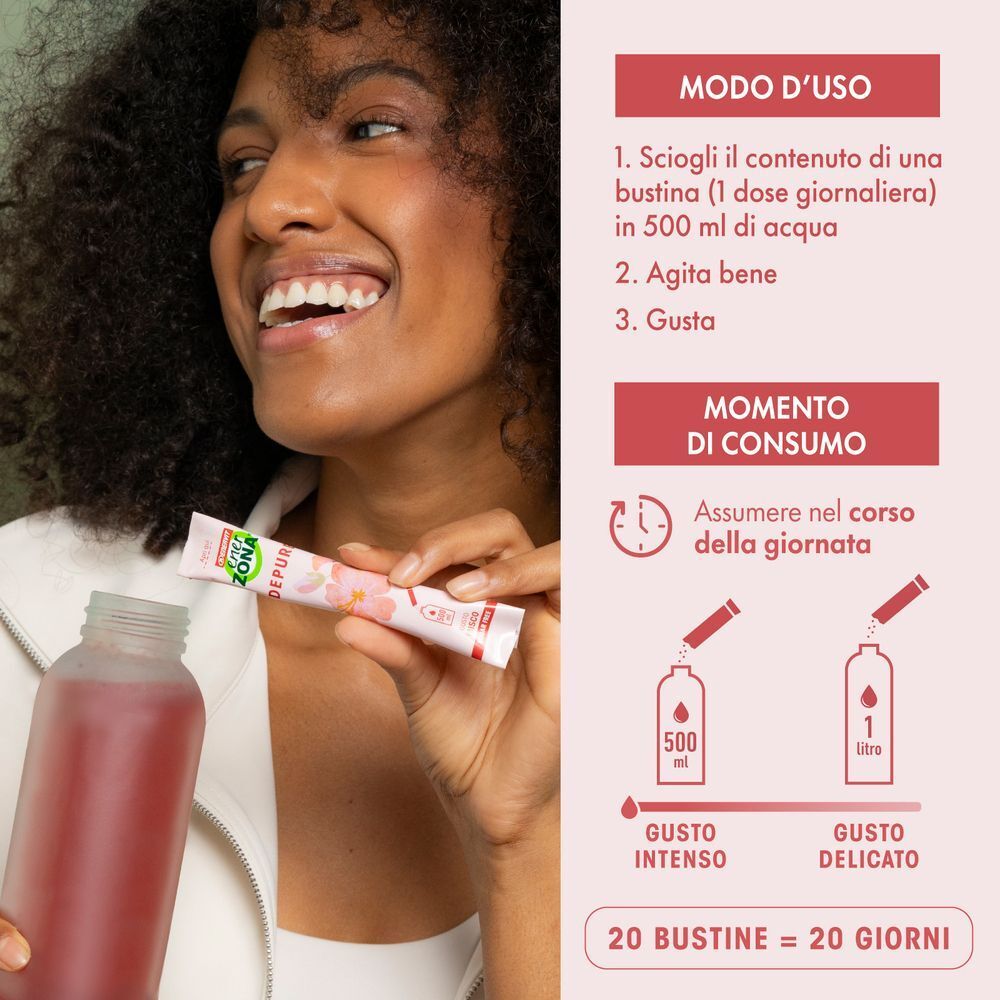 Donna che mescola polvere EnerZona Care Depure con acqua. Istruzioni per la preparazione.