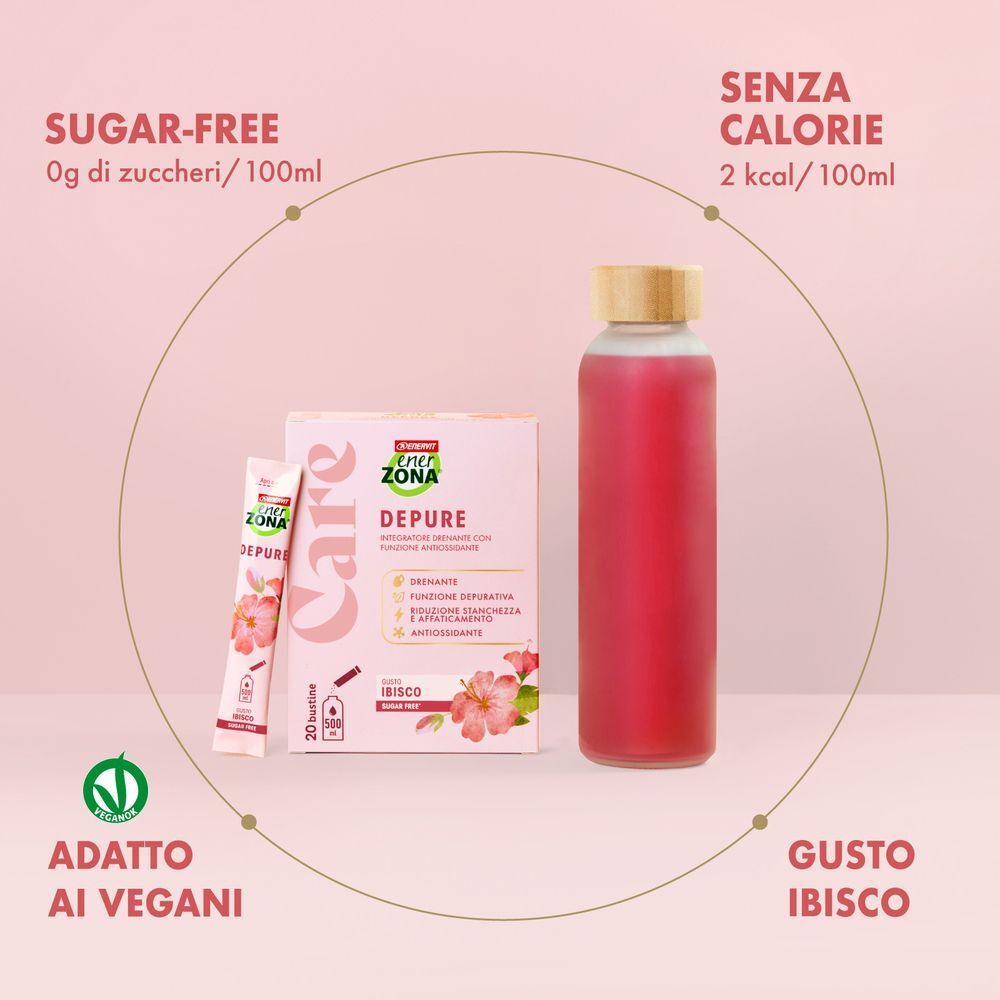 Confezione, bustina e bottiglia di bevanda EnerZona Care Depure, senza zuccheri.