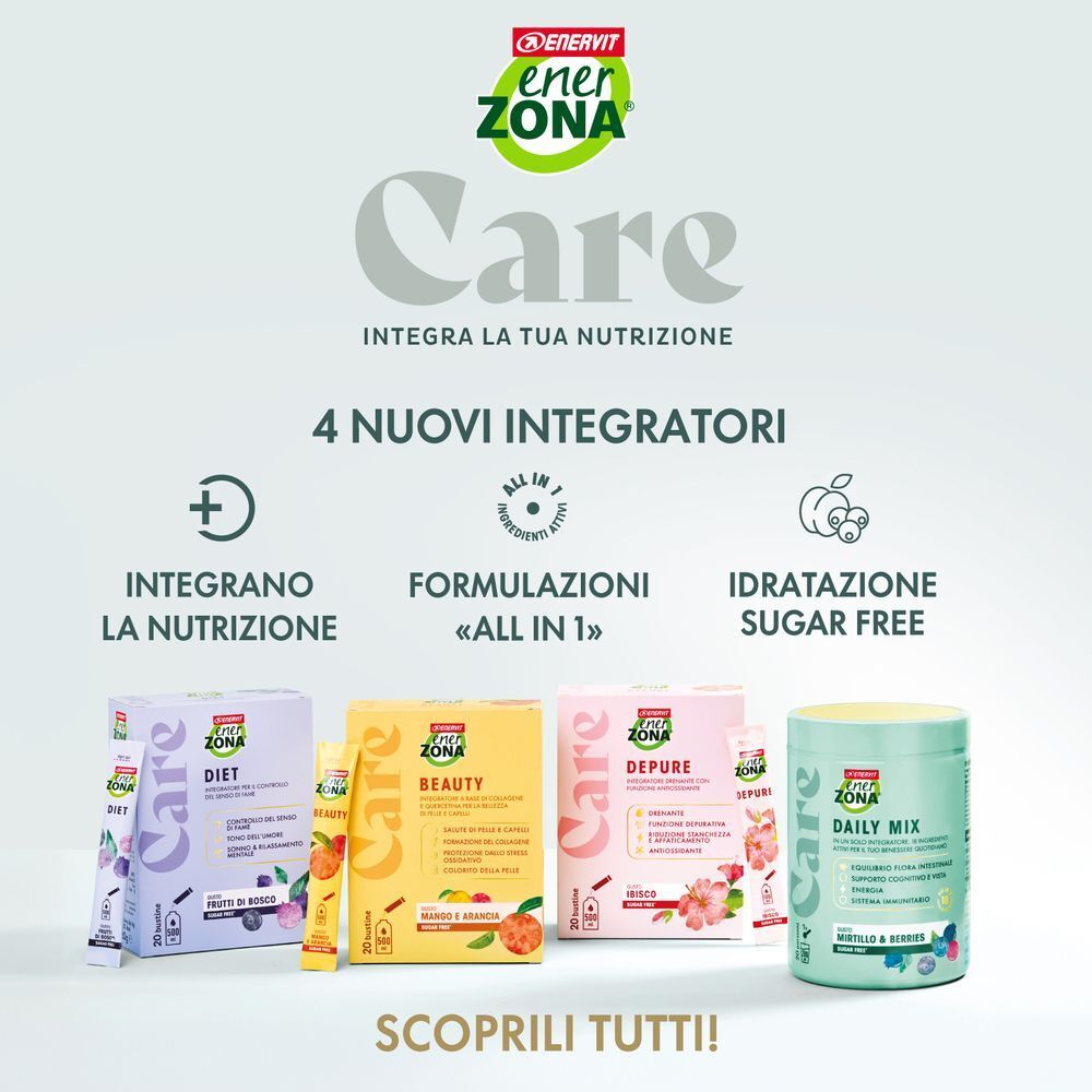 Quattro prodotti EnerZona Care: Diet, Beauty, Depure e Daily Mix.