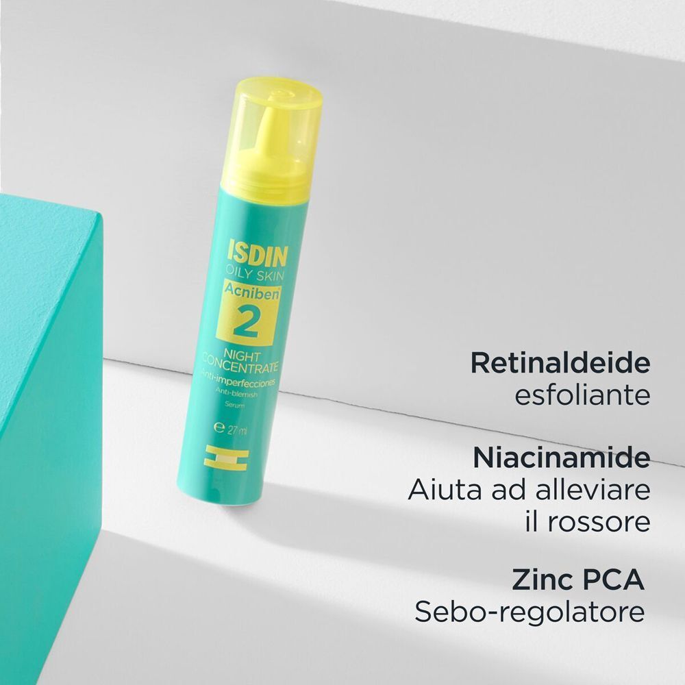 Flacone ISDIN Acniben Night Concentrate con ingredienti: Retinaldeide, Niacinamide, Zinco PCA.