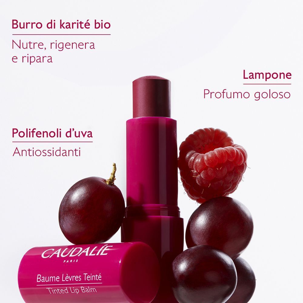 Balsamo labbra Caudalie con polifenoli d'uva, burro di karité bio e lampone.