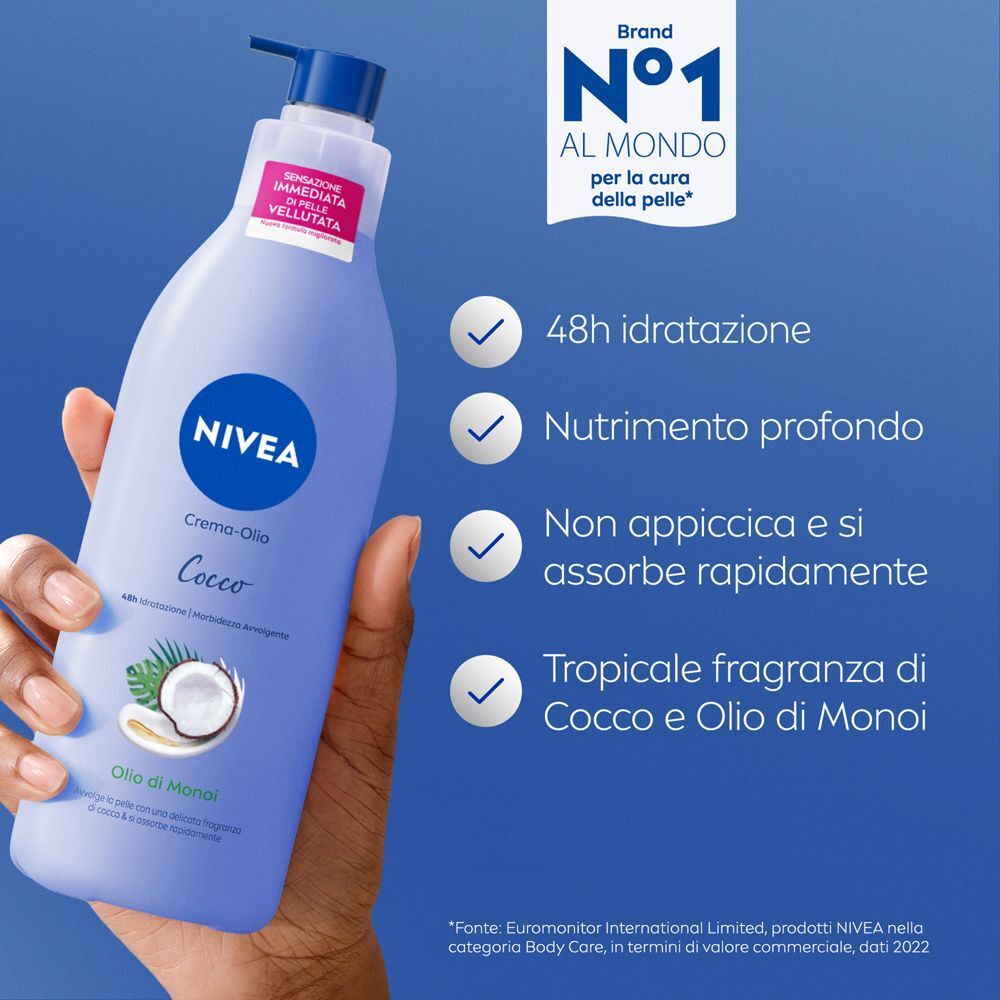 Crema corpo Nivea cocco e Monoi, idratazione 48h, assorbimento rapido.