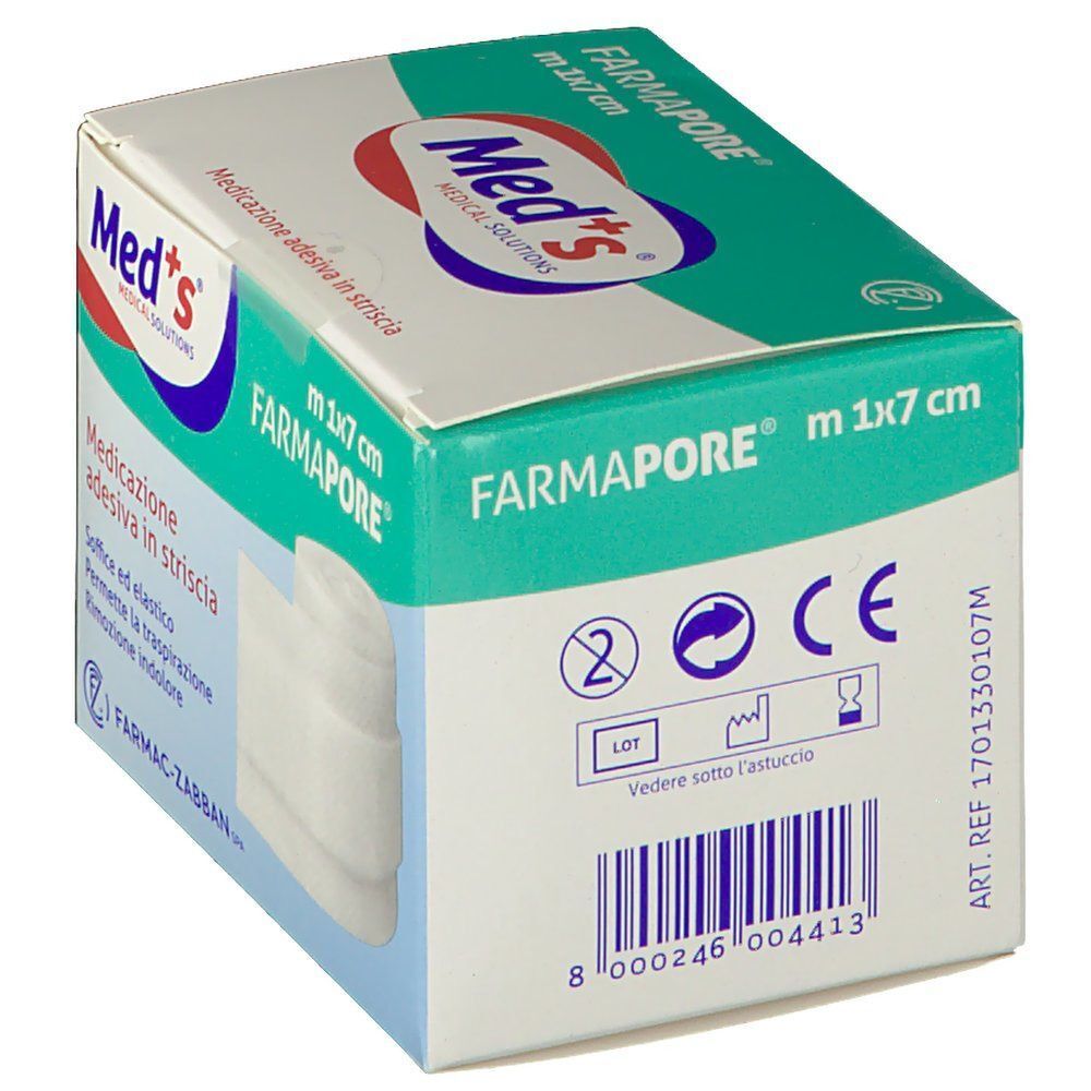 Confezione di medicazione adesiva Meds Farmapore, 1x7 cm. Marchio CE e codice a barre. Medicazione bianca visibile.