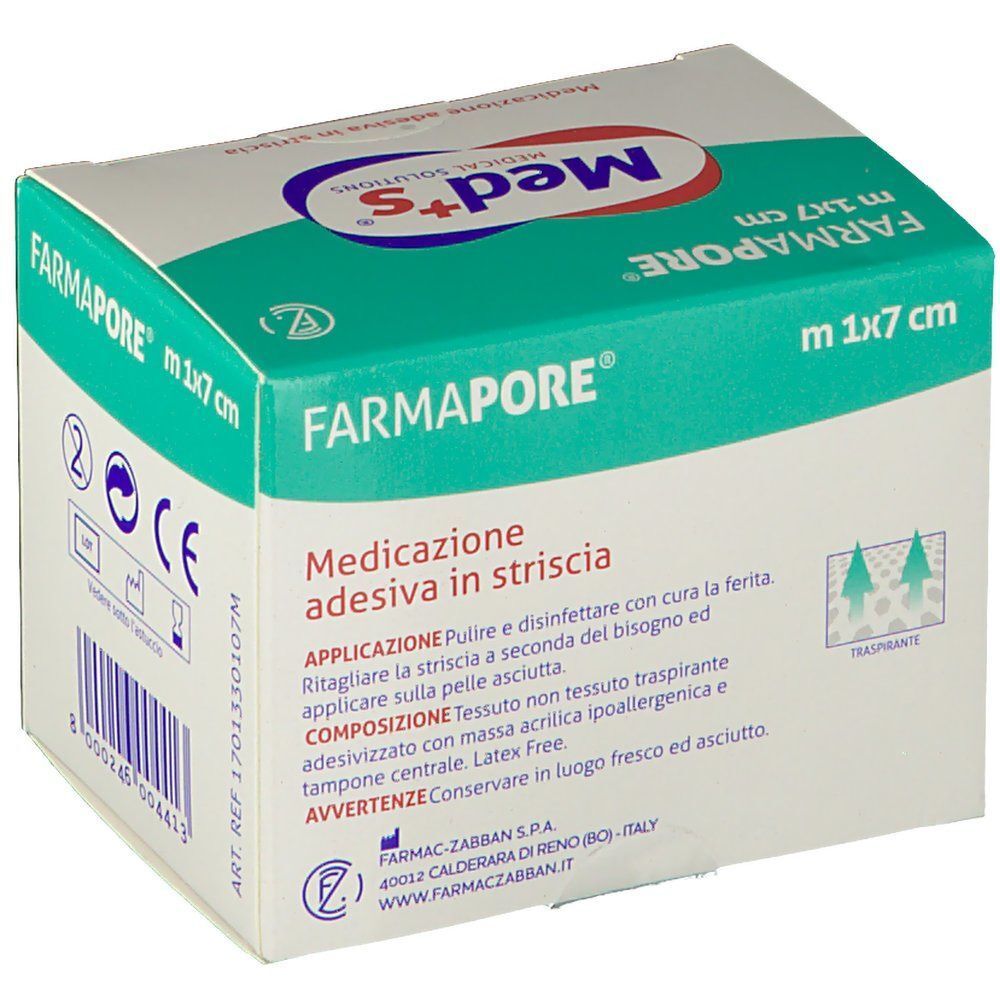 Confezione di medicazione adesiva Meds Farmapore, 1x7 cm. Testo in italiano. Marchio CE e codice a barre.