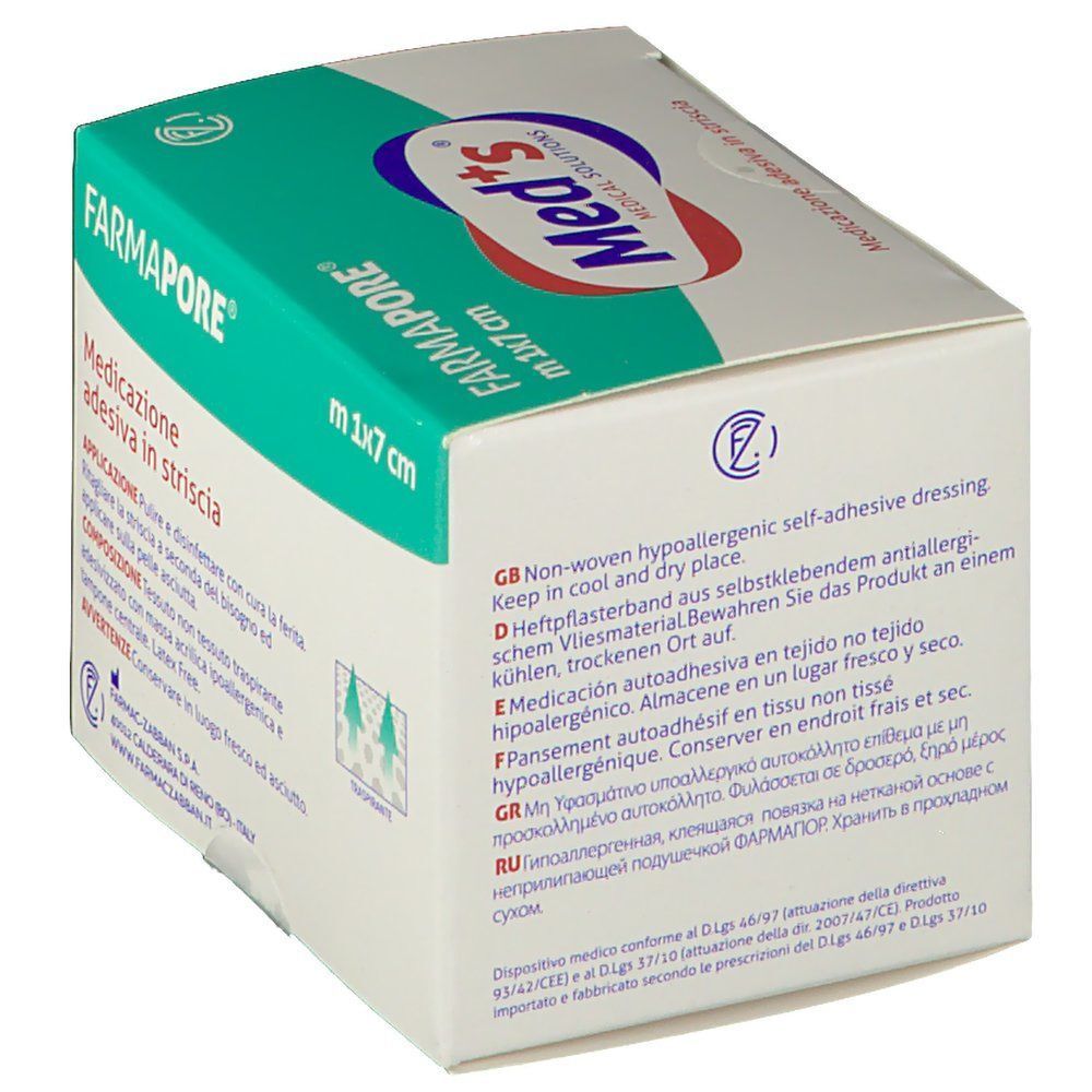 Confezione di medicazione adesiva Meds Farmapore, 1x7 cm. Informazioni multilingue. Marchio CE e codice a barre.