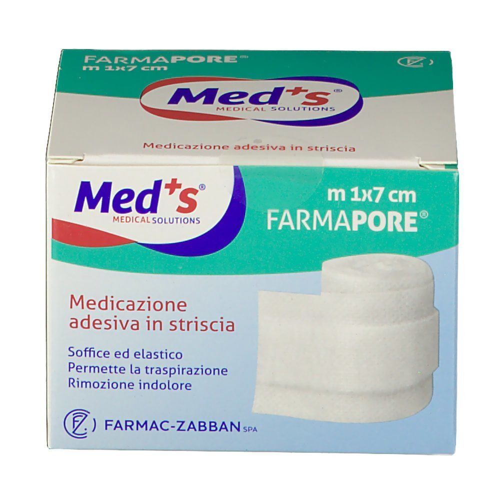Confezione di medicazione adesiva Meds Farmapore, 1x7 cm. Mostra una medicazione bianca arrotolata. Con logo.