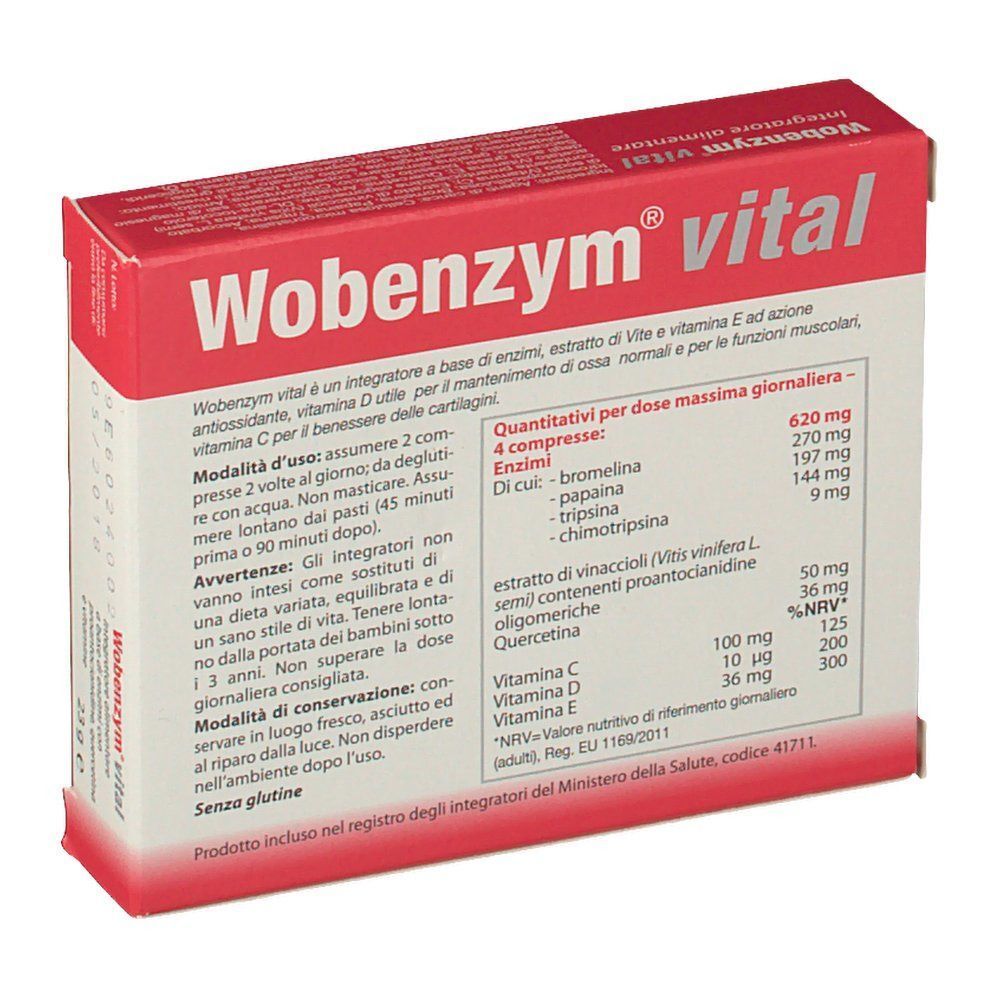Retro di una confezione di Wobenzym® Vital. Scatola rossa con dettagliate modalità d'uso, ingredienti e valori nutrizionali.