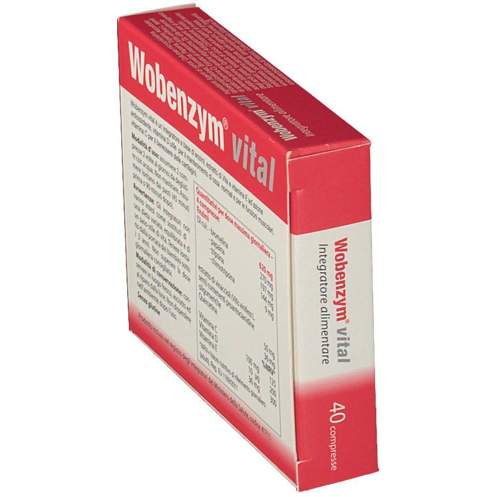 Vista laterale di una confezione di Wobenzym® Vital. Scatola rossa con nome del prodotto, descrizione e numero di compresse (40).